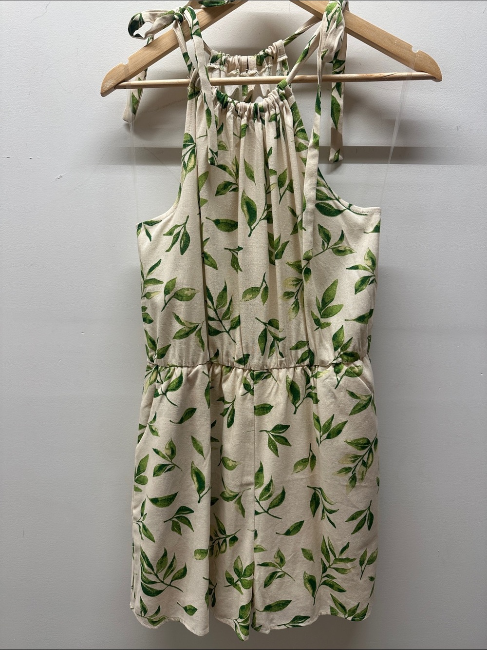 Cream Romper with Green Leaf Print
